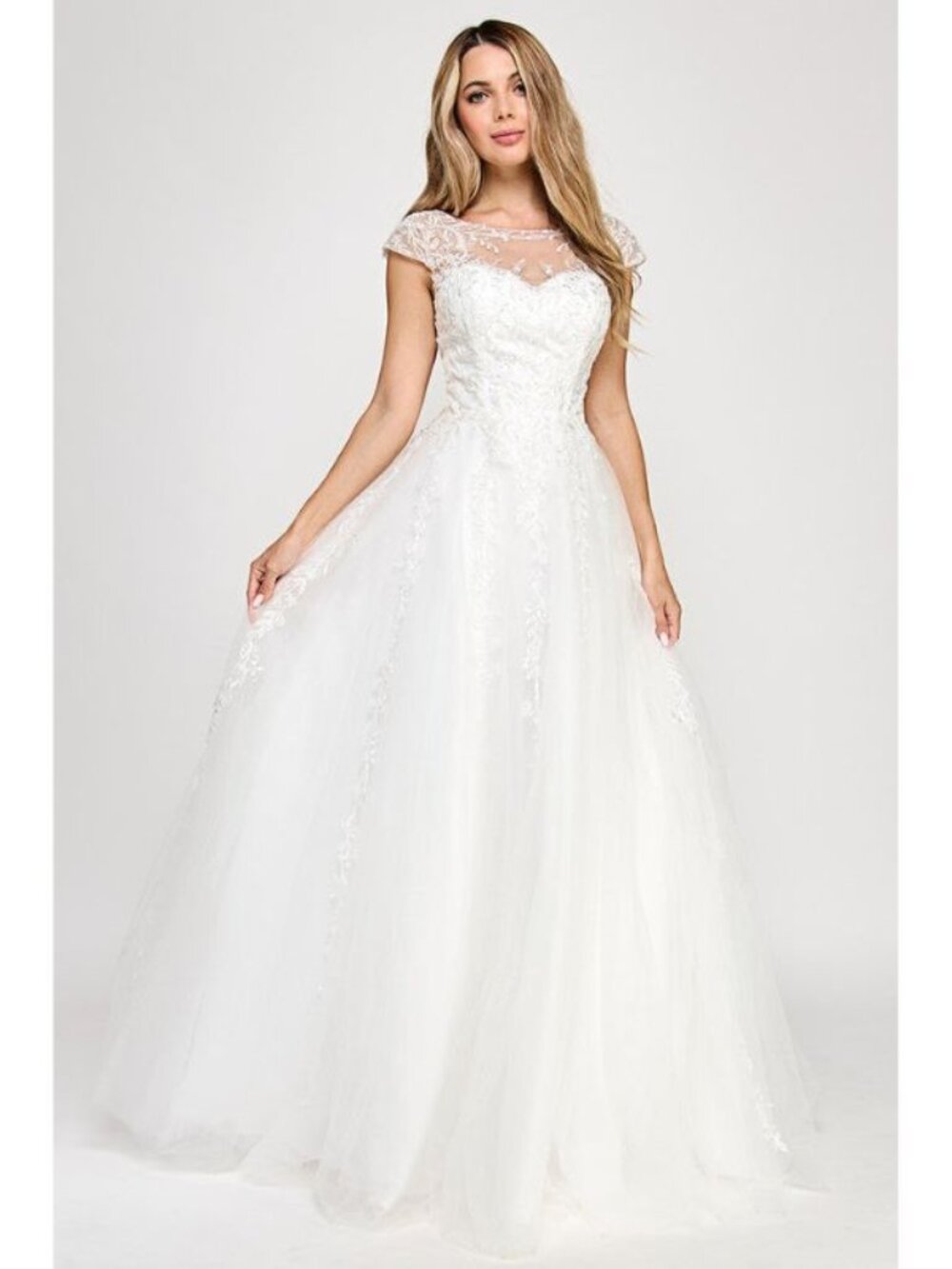 Clearance Ivory Lace Illusion Neckline Cap Sleeve A-Line Wedding Dress By 8349